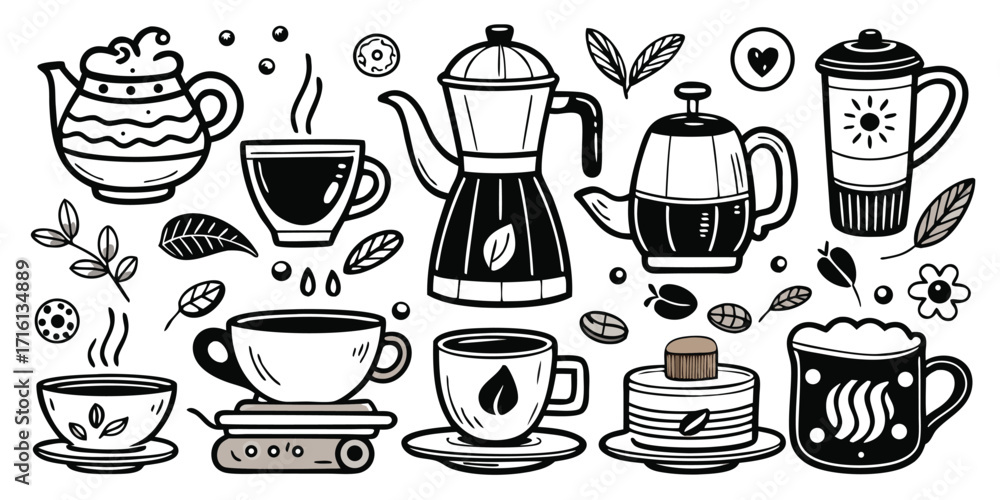 Fototapeta premium Artistic hand drawn coffee and tea time collection of cups pots and accessories