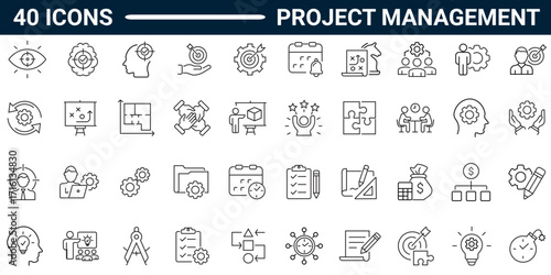 Project management line icon set. Includes Planning, schedule, collaboration, development and time management concept. Editable stroke. Vector illustration