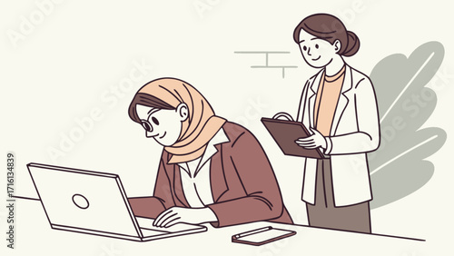 Illustration of muslim businesswoman working on laptop with colleague reviewing her work tasks