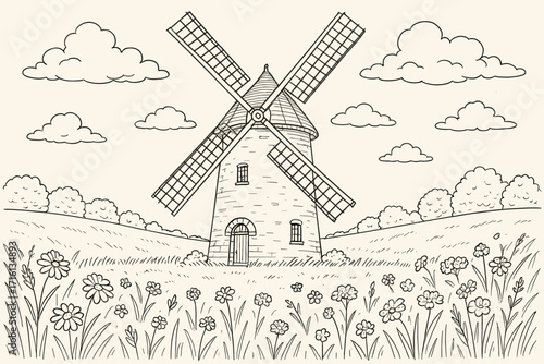 Black and white outline of a windmill in a floral landscape, artistic design, coloring book concept, serene scene