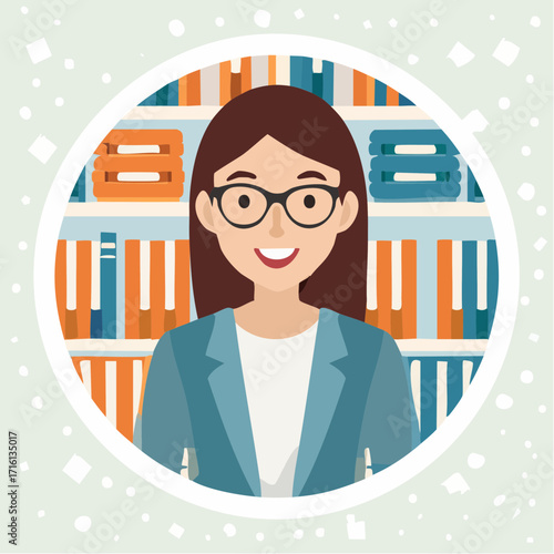 Illustration of a woman with glasses in front of a bookshelf.