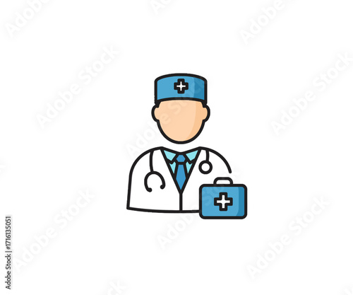 A cartoon illustration of a doctor wearing a hat and holding a medical bag.