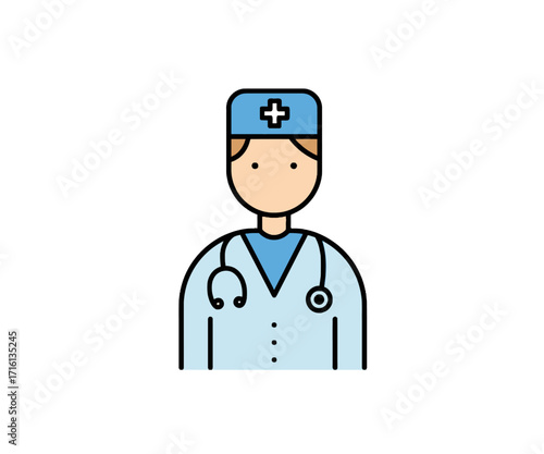 A flat vector icon of a male doctor wearing a lab coat, surgical cap, and a stethoscope on a white background.