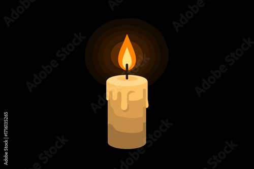 Glowing candle with a melting wax effect, warm light against dark background, calming atmosphere, cozy concept