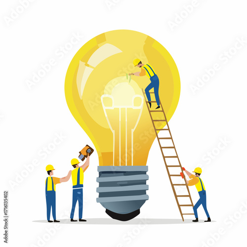 Workers collaborate to build a giant light bulb, symbolizing teamwork and innovation.