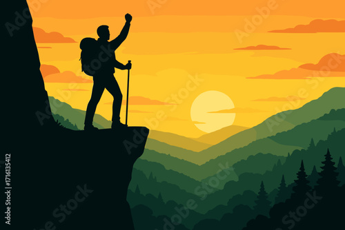 Silhouette of a hiker triumphantly raising fist on a mountain peak during sunset, adventurous spirit, nature concept