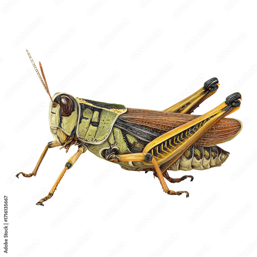 Fototapeta premium Detailed macro insect illustration grasshopper with an isolated transparent background, displaying