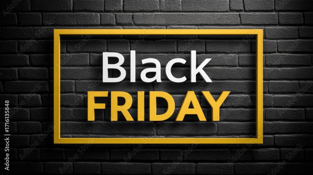 Obraz premium Grunge style dark black brick wall featuring dramatic Black Friday shopping offer lettering and textured retail backdrop isolated on white background