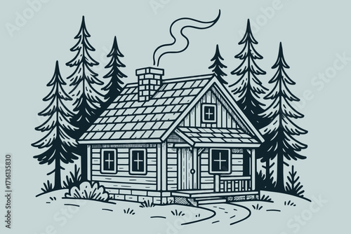Vintage illustration of a cozy cabin in the woods with trees and smoke, rustic style, nature concept
