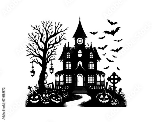 Spooky Halloween Night A Silhouette of a Haunted House with Bats and Pumpkins, Celebration