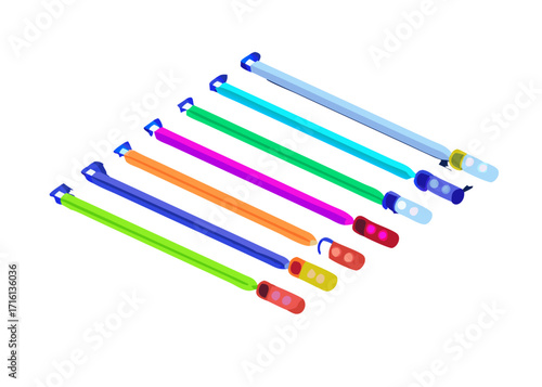 Halogen or led light lamps elements pack for night party or game design. Neon light tubes set. Colorful glowing lines or borders collection isolated on dark blue background. Color vector illustration

