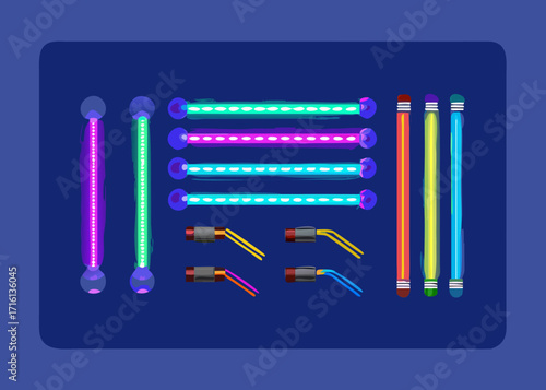 Halogen or led light lamps elements pack for night party or game design. Neon light tubes set. Colorful glowing lines or borders collection isolated on dark blue background. Color vector illustration
