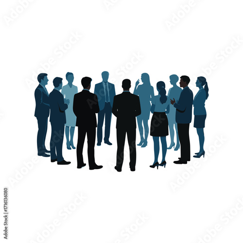 Diverse group of business professionals standing in a circle discussing ideas together