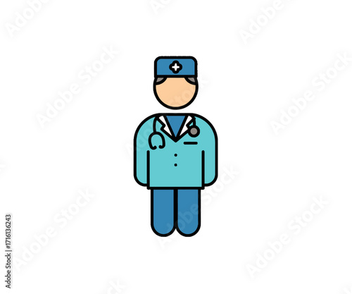 A flat vector icon of a male doctor wearing a lab coat, surgical cap, and a stethoscope on a white background.