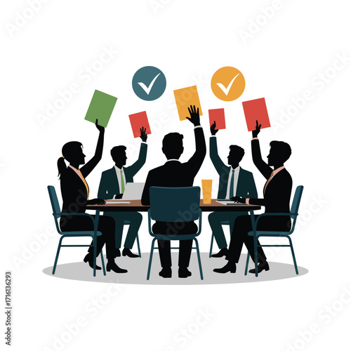 Diverse business team votes with colored cards and checkmarks at a meeting table.