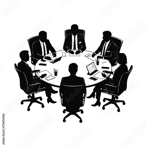 Team collaboration meeting around round table business professionals discussing strategy silhouettes