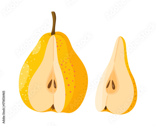 Yellow pear with a slice cut off. Fresh fruit. Modern flat style isolated on transparent background. For healthy eating, blogs, fruit packaging, labels, eco, social media, stickers, menu, poster