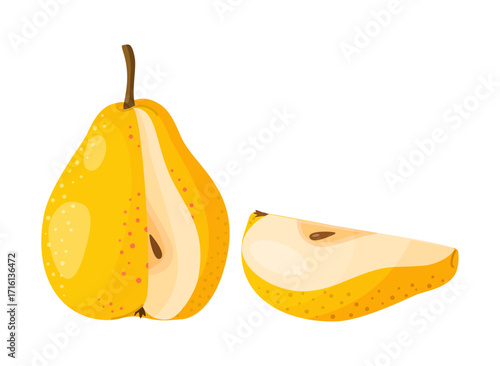 Yellow pear with a slice cut off. Fresh fruit. Modern flat style isolated on transparent background. For healthy eating, blogs, fruit packaging, labels, eco, social media, stickers, menu, poster