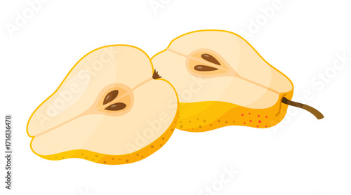Yellow pear cut in half. two halves of pear. Fresh fruit. Modern flat style isolated. For healthy eating, blogs, fruit packaging, labels, eco friendly, social media, stickers, menu, poster. Vector