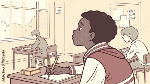 Classroom scene with students learning and studying looking out the window cartoon illustration