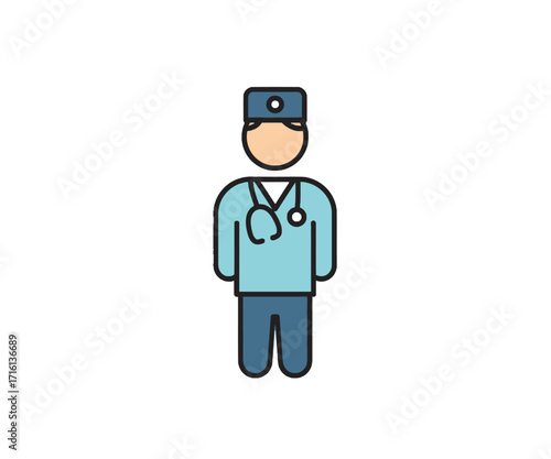 Illustration of a doctor wearing a cap and stethoscope, standing upright, with a medical uniform.
