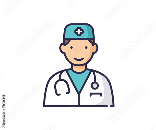Illustration of a doctor wearing a white coat and a surgical cap.