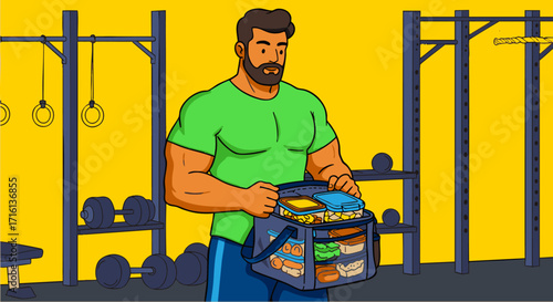 Athlete Preparing Healthy Meal Man with Lunch Bag in the Gym for Workout Recovery