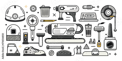 Collection of hand drawn construction tools and safety gear for diy projects and renovation work