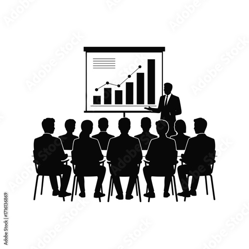 Business presentation with growth chart and attentive audience in silhouette during a meeting