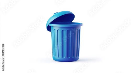 Open blue trash can on white background