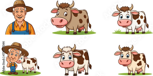 Cartoon farmer and cows, farm animals, rural life, agriculture character, dairy cow, farmer with calf, countryside illustration, livestock farming