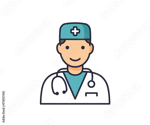 UntitlA flat vector icon of a male doctor wearing a lab coat, surgical cap, and a stethoscope on a white background.