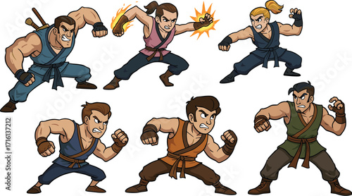 Cartoon male warrior characters in fighting poses, martial arts action stance with fire power and combat gear illustration