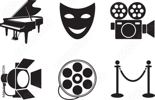 Iconic entertainment symbols: piano, mask, film, stage, reel, barrier