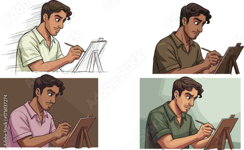 Cartoon man drawing sketches on easel in different outfits and settings, artist creating artwork with pencil and sketchbook
