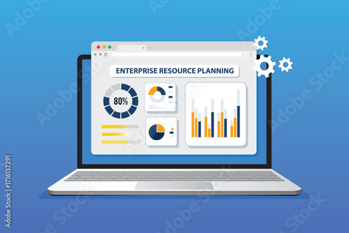 ERP Enterprise resource planning Web with laptop view concept, productivity and company enhancement. Vector Illustration