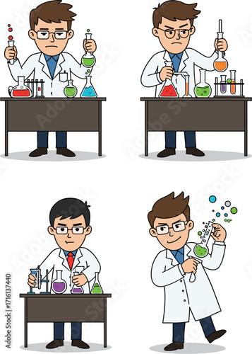 Cartoon scientist conducting chemistry experiments with test tubes, beakers, and lab equipment in laboratory setting