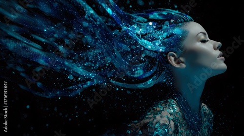 Futuristic glowing woman with galaxy-patterned hair swirling in zero gravity, dark cosmic background