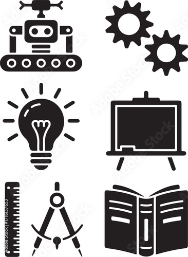 Innovation tools robot gears light bulb book ruler compass