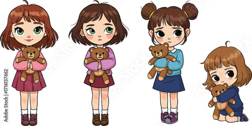 Cute cartoon girls holding teddy bears in different outfits and expressions, adorable children illustration for kids and emotional themes