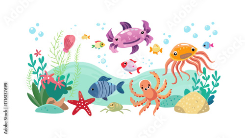 Ocean life illustration with cute sea animals, fish, octopus, crab, starfish, and coral reef drawing