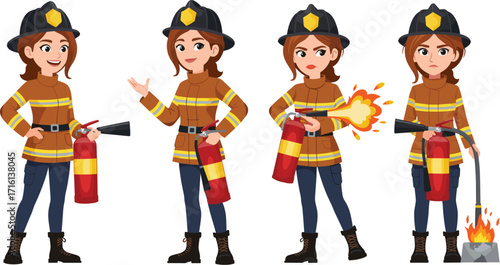 Female firefighter in uniform, cartoon character, fire extinguisher, emergency rescue, safety profession, fire protection, heroic woman, firefighting action