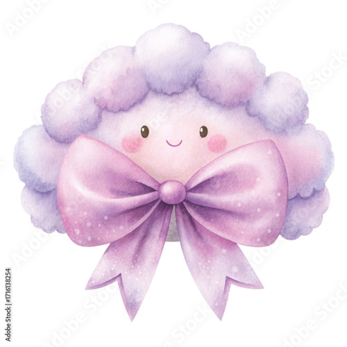 A fluffy cloud with a big shiny pastel bow on top clipart watercolor 
