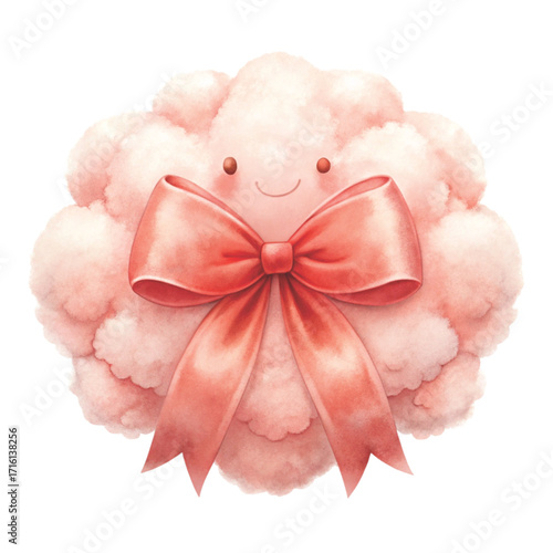 A fluffy cloud with a big shiny pastel bow on top clipart watercolor 
