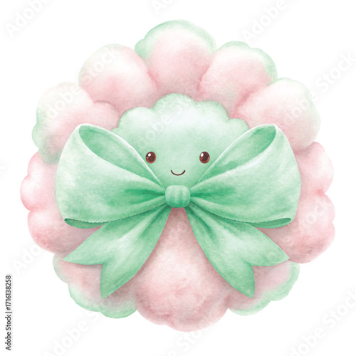 A fluffy cloud with a big shiny pastel bow on top clipart watercolor 
