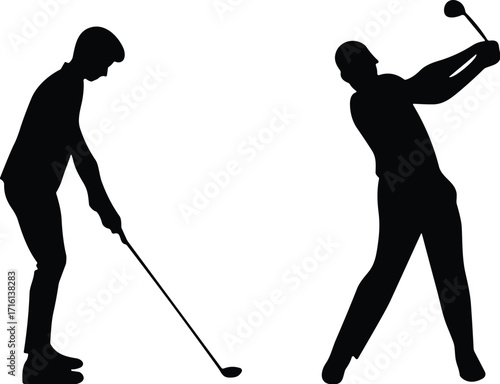 Golf silhouettes in action, two players, swing and setup posture, black vector illustration, sports concept, outdoor activity, athletic motion, competitive golf stance
