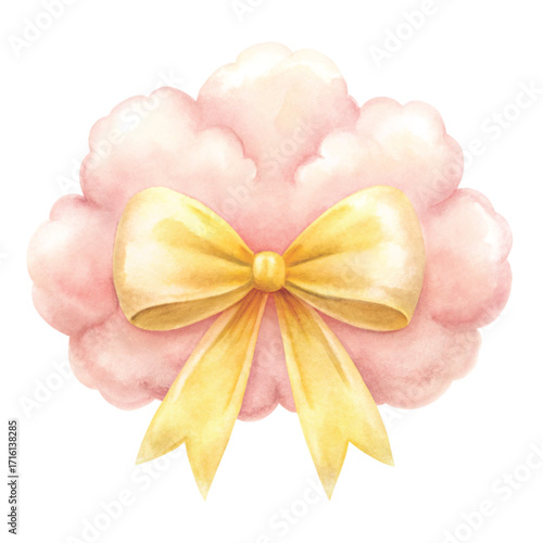 A fluffy cloud with a big shiny pastel bow on top clipart watercolor 
