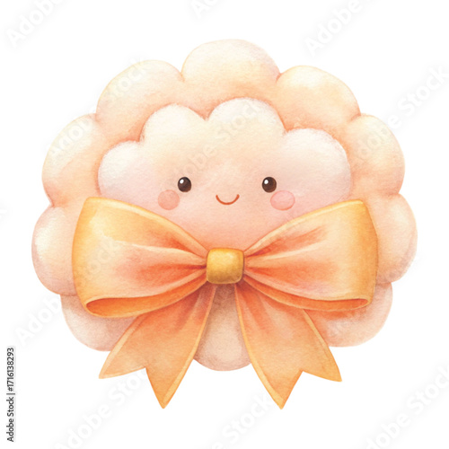 A fluffy cloud with a big shiny pastel bow on top clipart watercolor 
