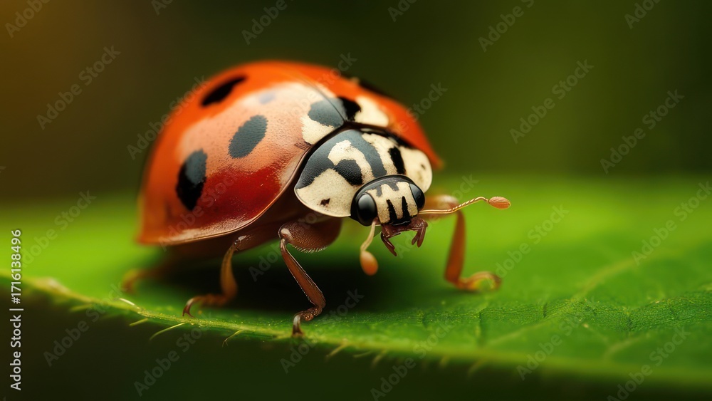 Naklejka premium Ladybug on green leaf close-up