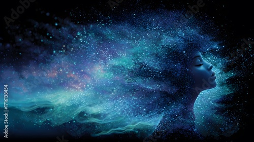 Dreamlike glowing female figure with celestial hair made of stars and auroras, dark starry backdrop